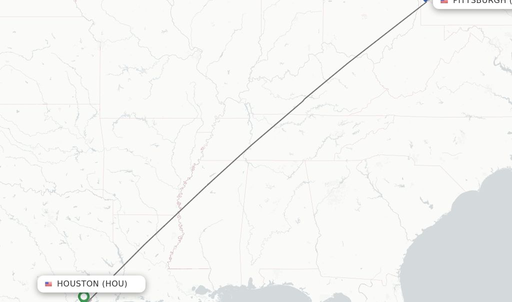 Flights from Houston to Pittsburgh route map