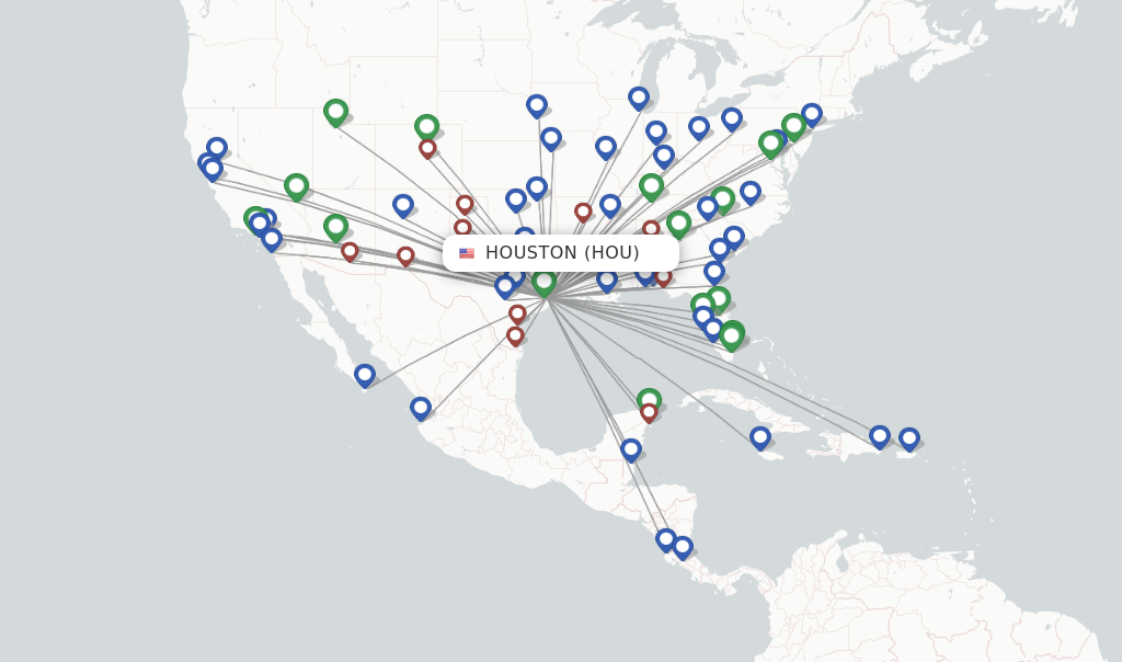 Route map with flights from Houston with Southwest