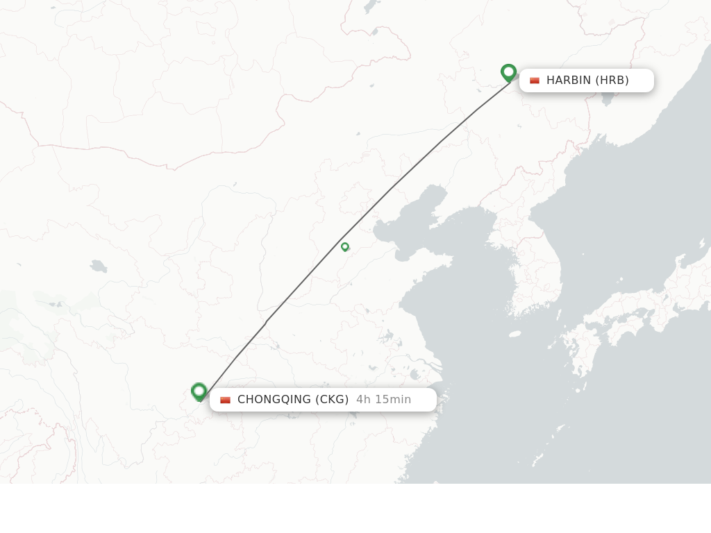 Flights from Harbin to Chongqing route map
