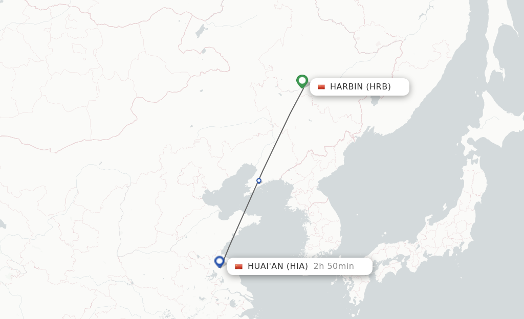 Flights from Harbin to Huai'an route map