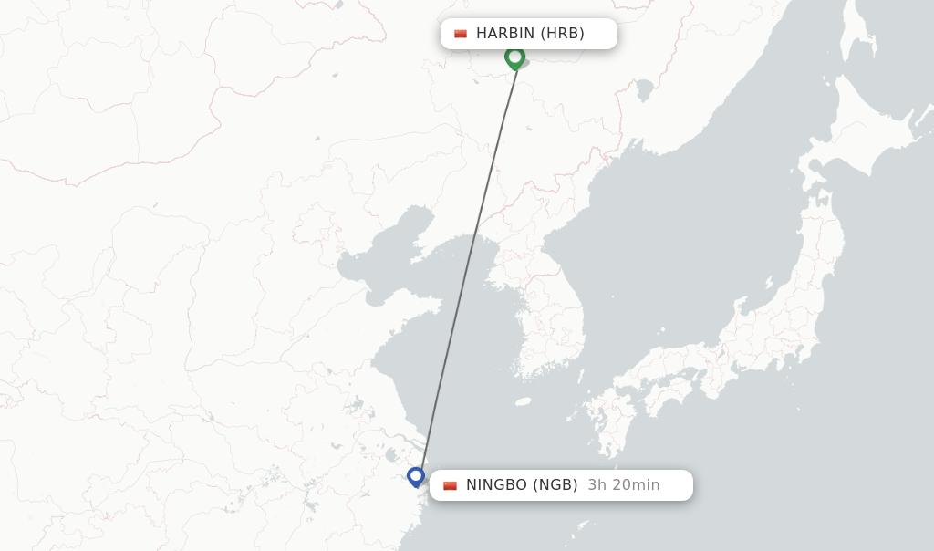 Flights from Harbin to Ningbo route map