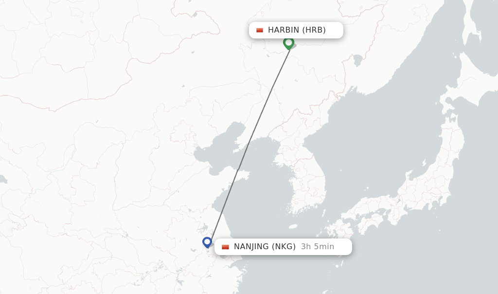 Flights from Harbin to Nanjing route map