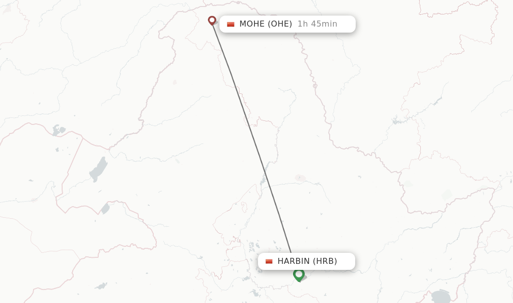Flights from Harbin to Mohe route map