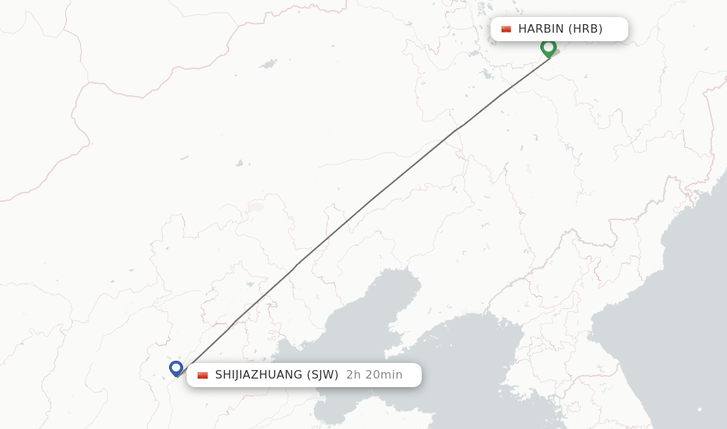 Flights from Harbin to Shijiazhuang route map