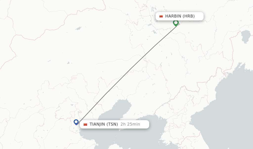 Flights from Harbin to Tianjin route map