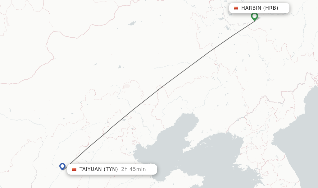Flights from Harbin to Taiyuan route map
