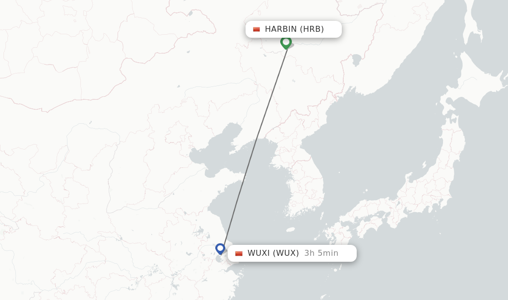 Flights from Harbin to Wuxi route map