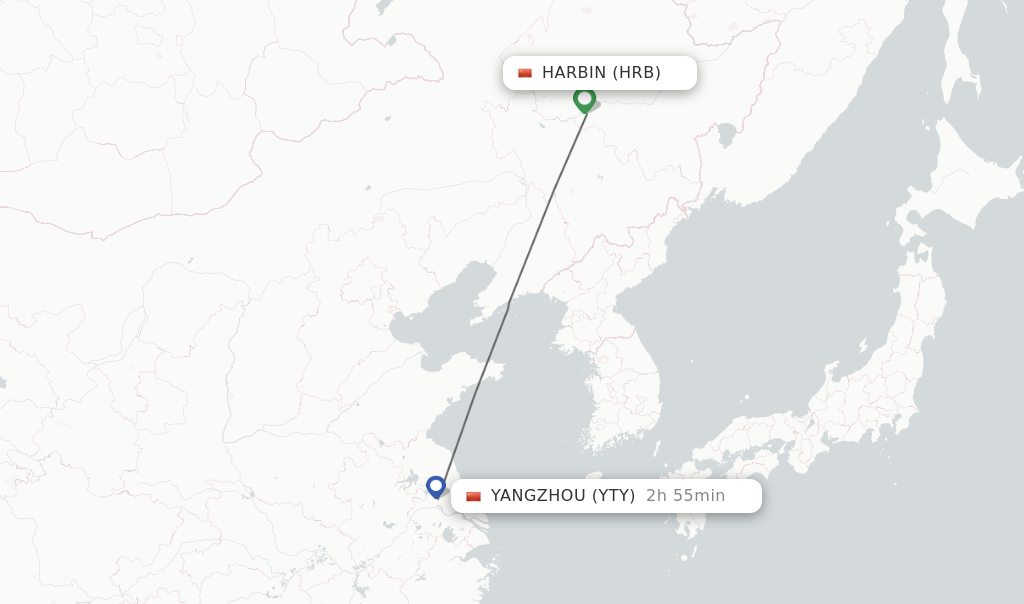Flights from Harbin to Yangzhou route map