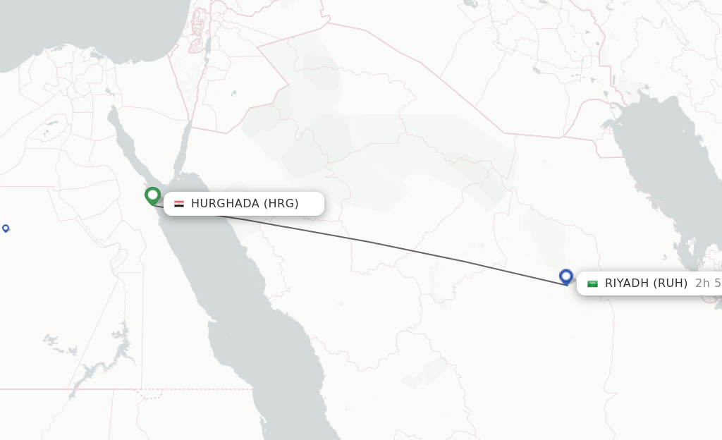 Flights from Hurghada to Riyadh route map