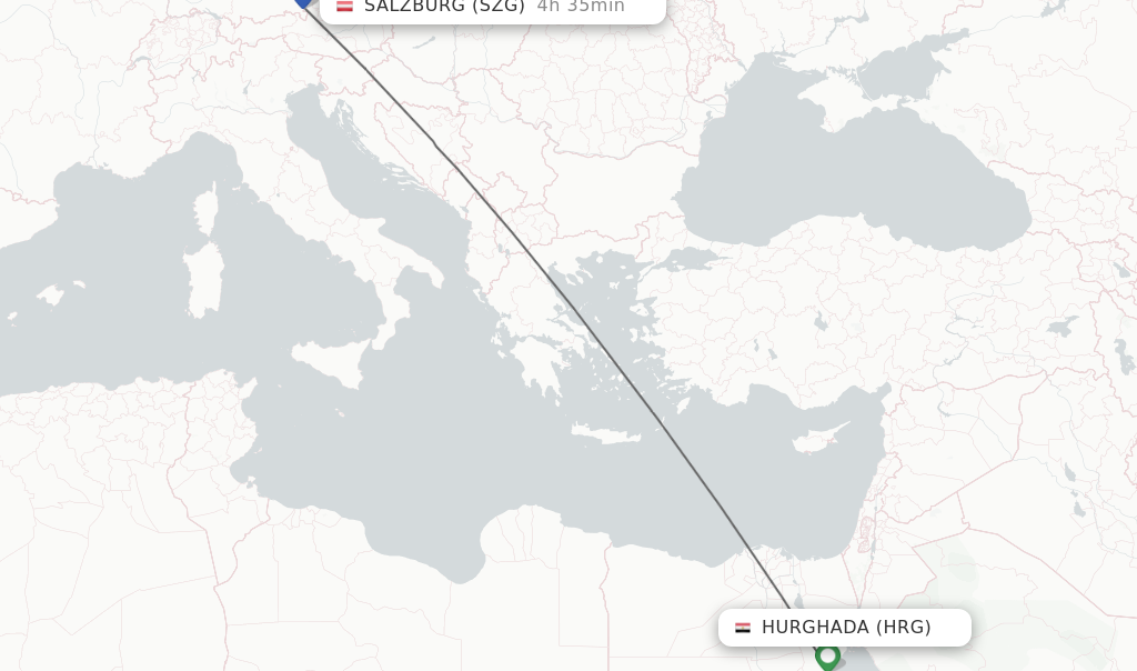 Flights from Hurghada to Salzburg route map