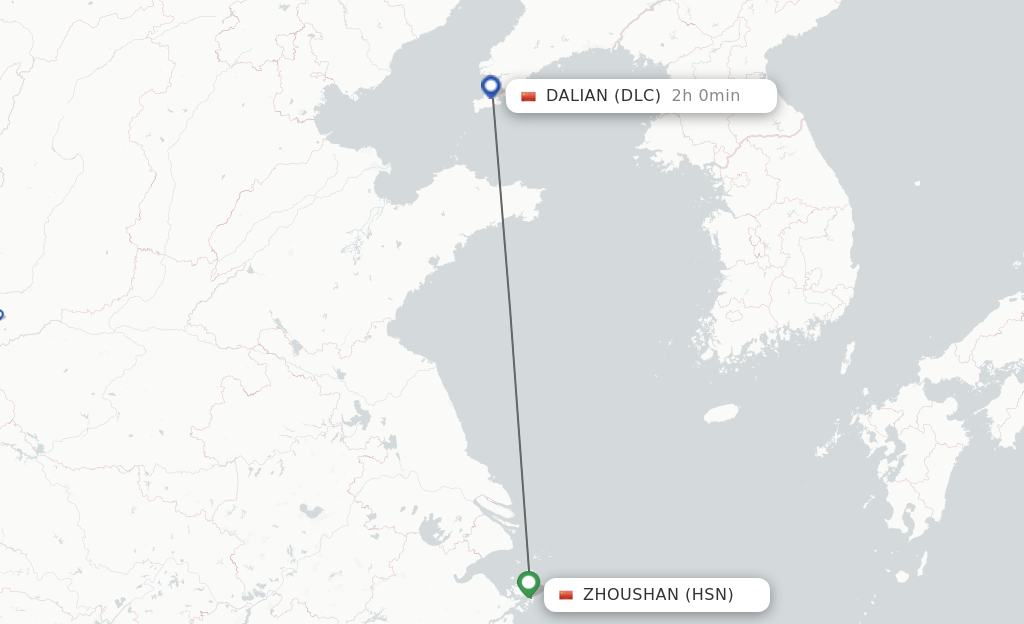 Flights from Zhoushan to Dalian route map