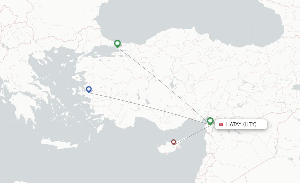 Route map with flights from Antakya with Pegasus