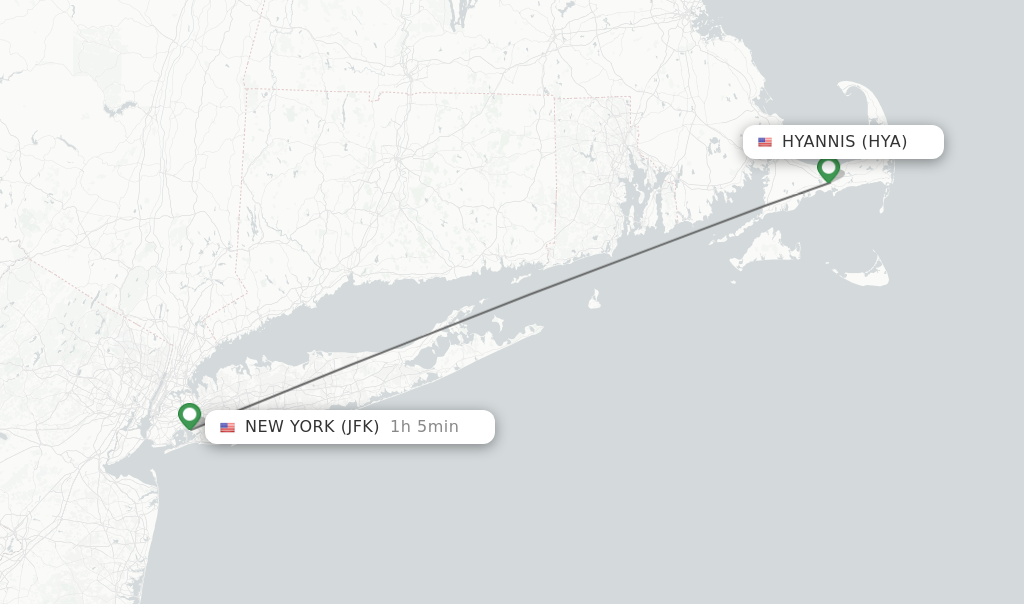 Flights from Hyannis to New York route map