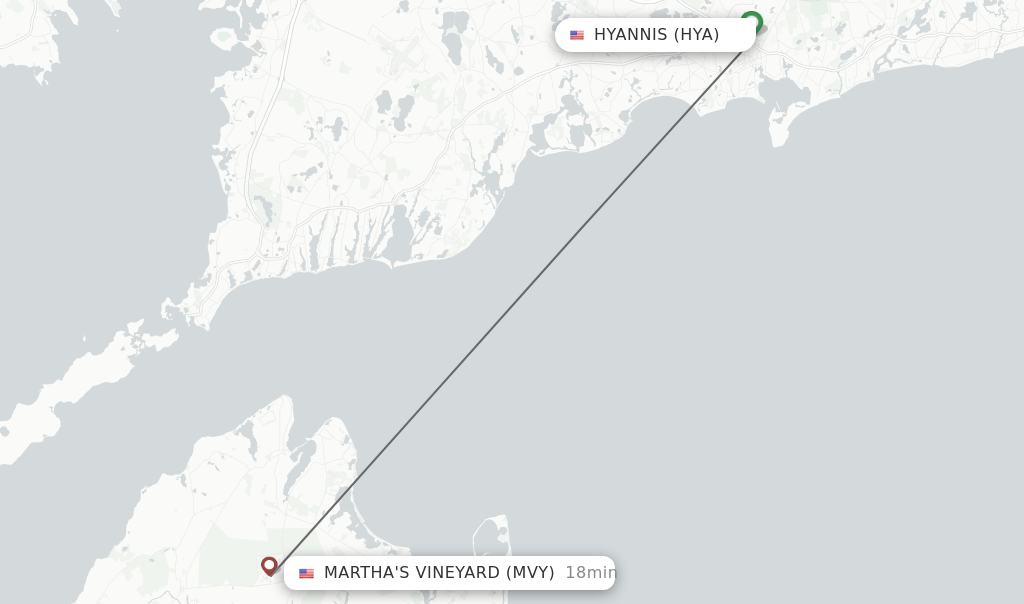 Flights from Hyannis to Martha's Vineyard route map