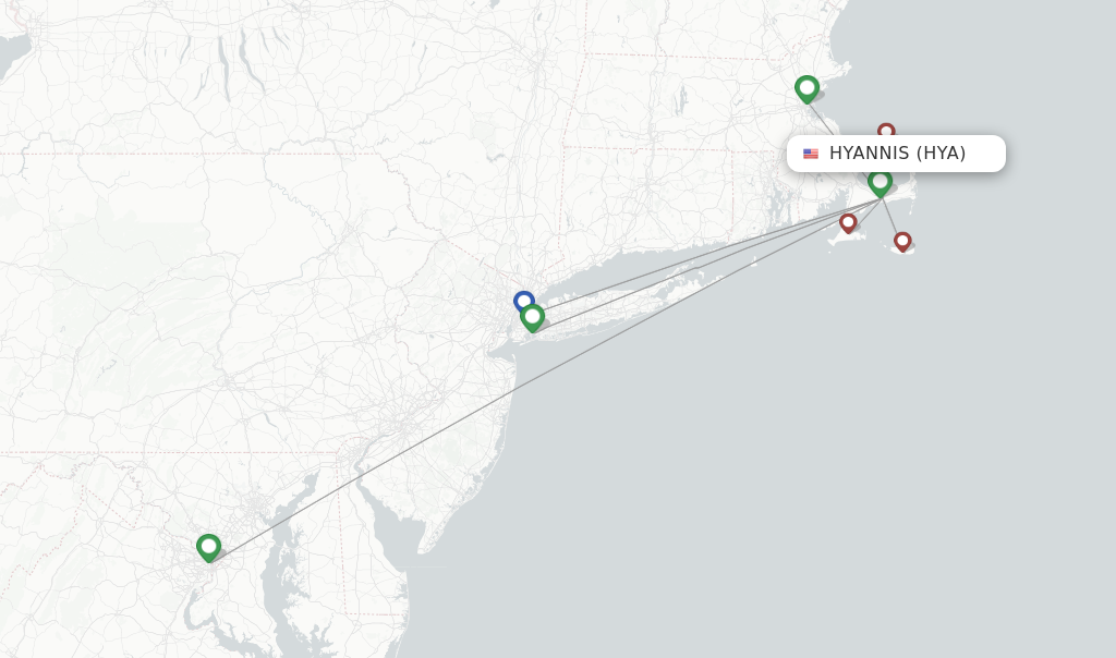 Flights from Hyannis to Washington route map