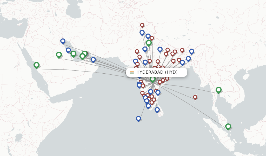 Route map with flights from Hyderabad with IndiGo