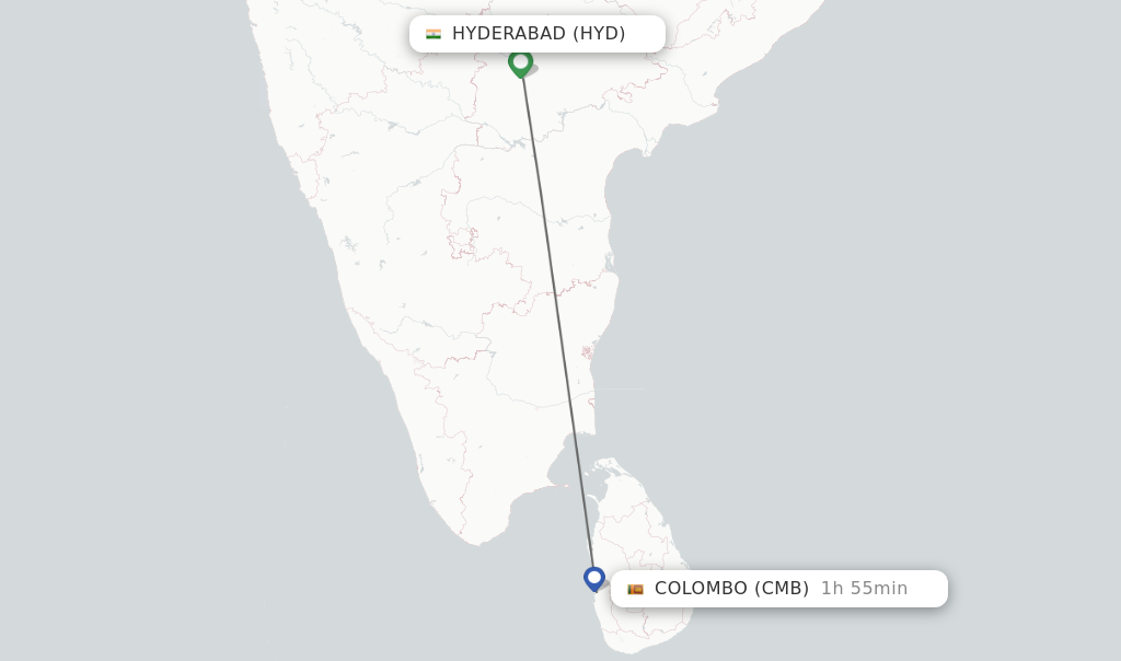 Flights from Hyderabad to Colombo route map
