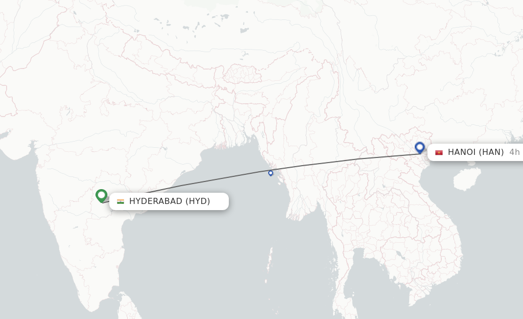 Flights from Hyderabad to Hanoi route map