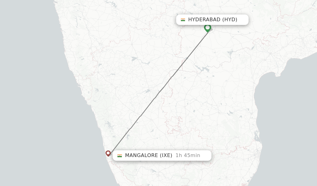 Flights from Hyderabad to Mangalore route map