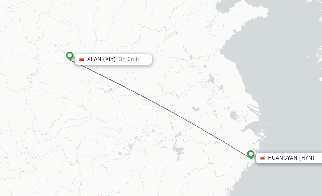 Flights from Taizhou to Xian route map