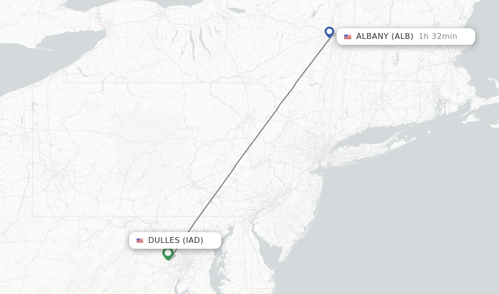 Flights from Dulles to Albany route map