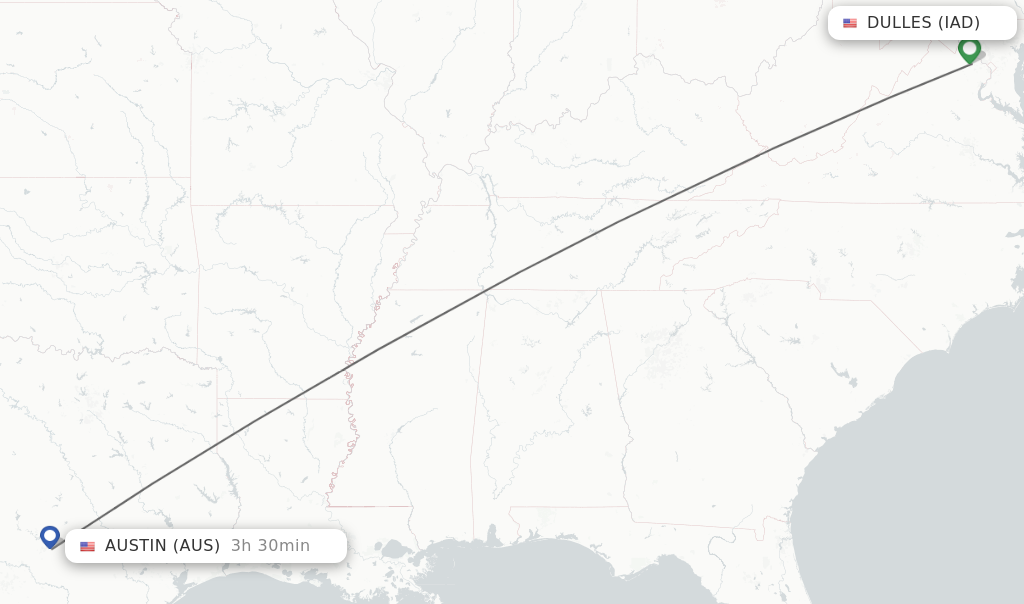 Flights from Dulles to Austin route map