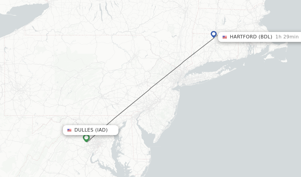 Flights from Dulles to Hartford route map