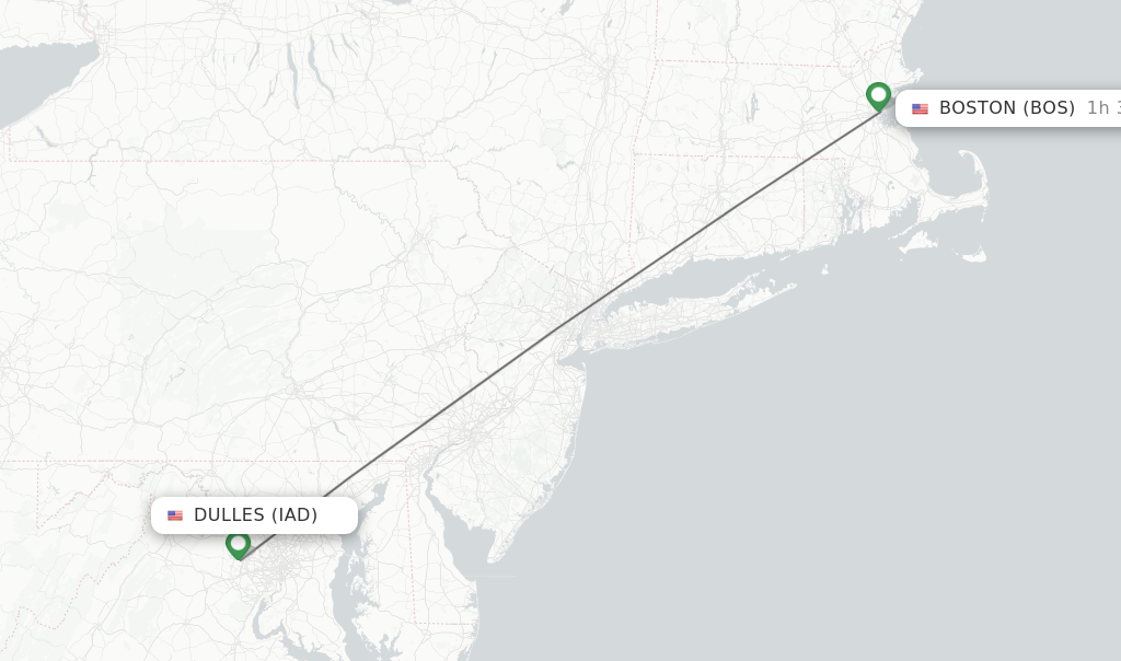 Flights from Washington to Boston route map
