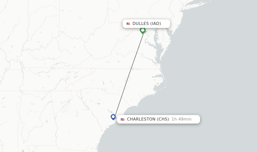 Flights from Dulles to Charleston route map