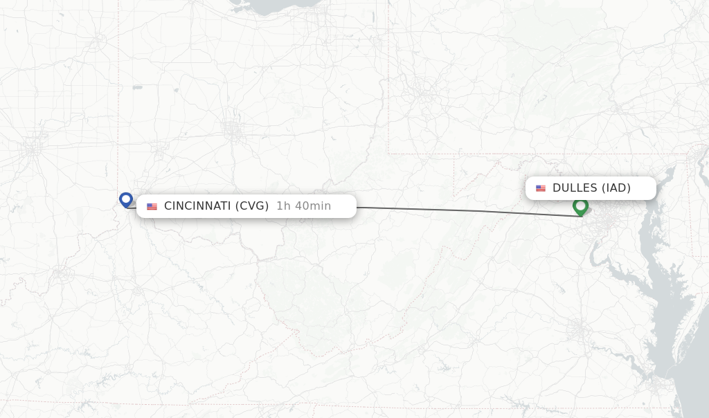 Flights from Dulles to Cincinnati route map