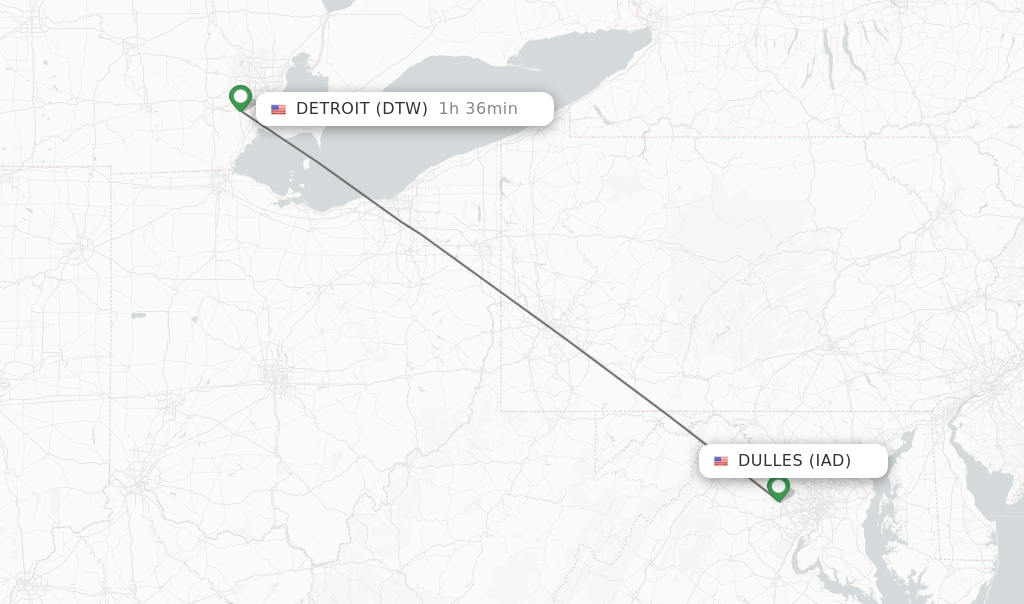 Flights from Washington to Detroit route map