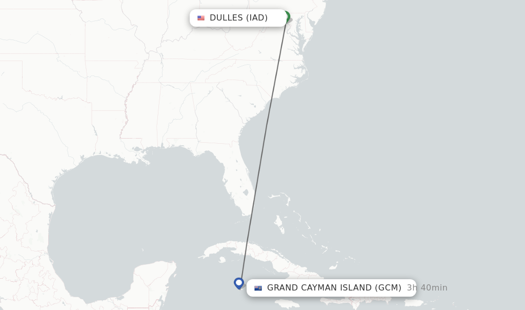 Flights from Dulles to Grand Cayman Island route map