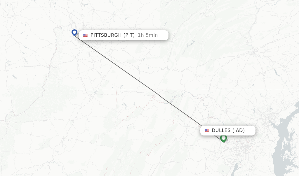 Flights from Dulles to Pittsburgh route map