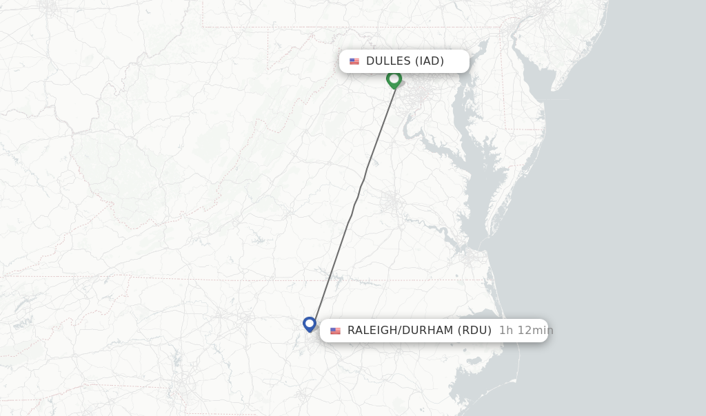 Flights from Dulles to Raleigh/Durham route map
