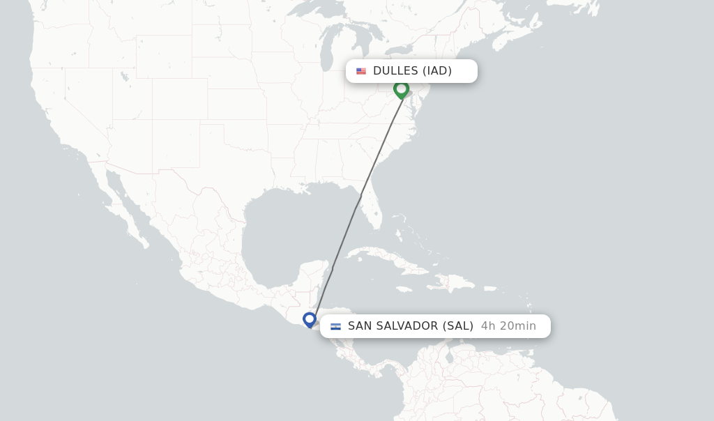 Flights from Dulles to San Salvador route map