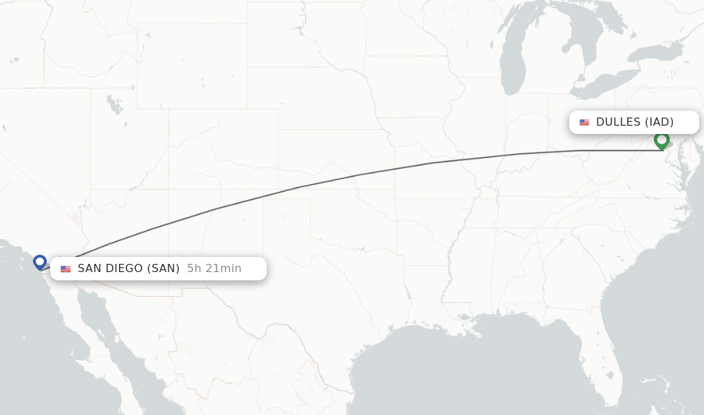 Flights from Dulles to San Diego route map