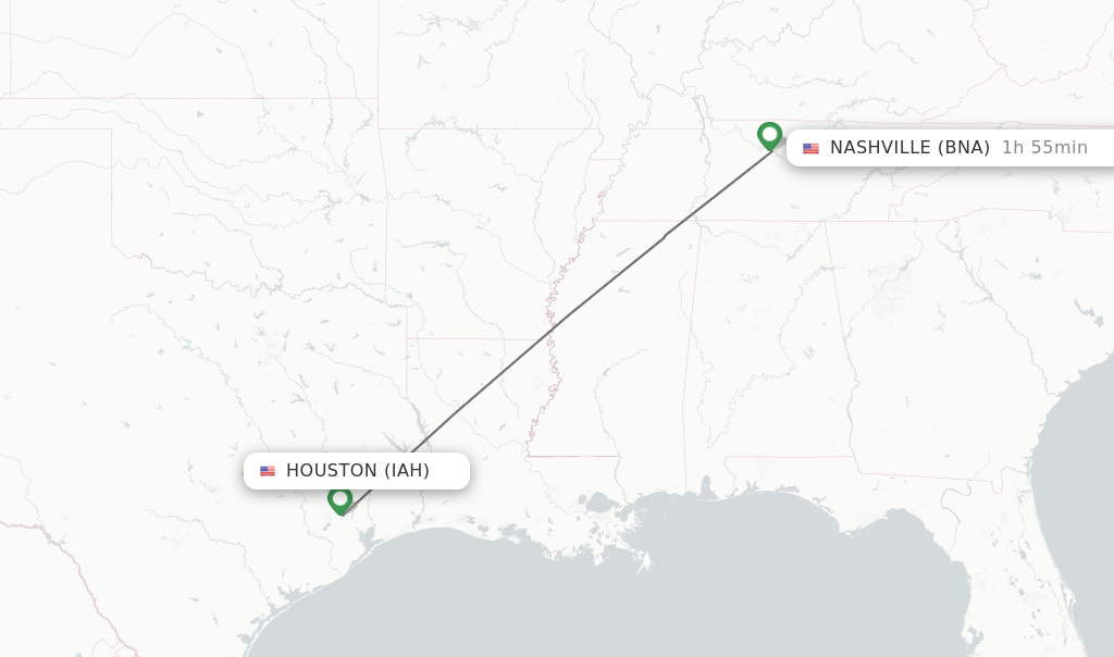 Flights from Houston to Nashville route map