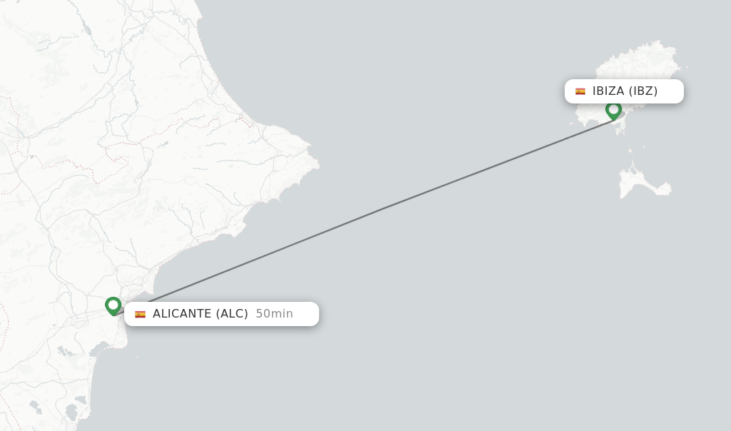 Flights from Ibiza to Alicante route map