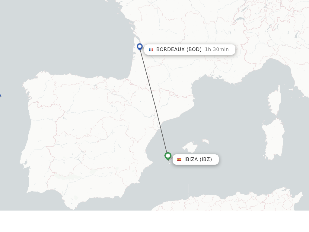 Flights from Ibiza to Bordeaux route map