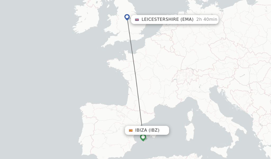 Flights from Ibiza to Leicestershire route map