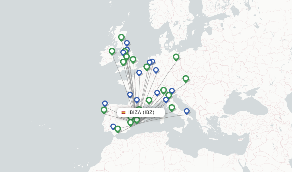 Route map with flights from Ibiza with Ryanair