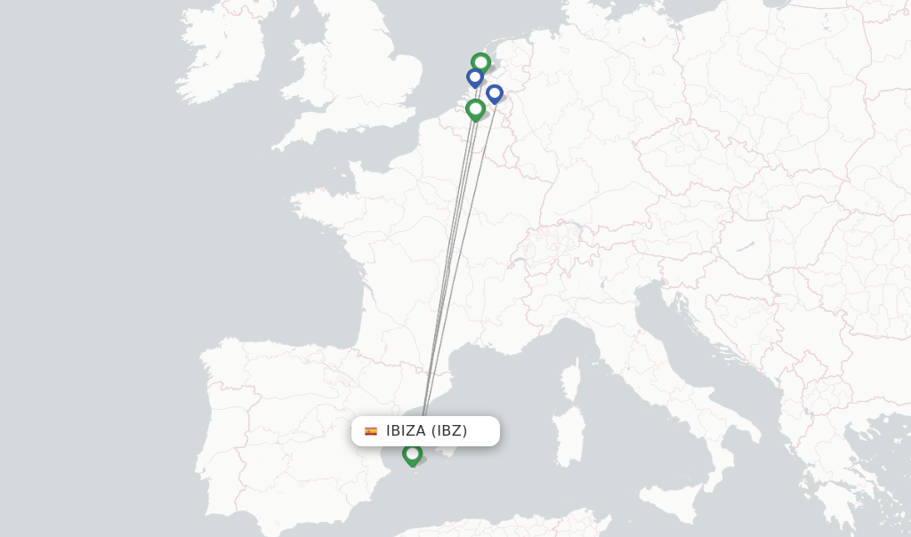 Route map with flights from Ibiza with Transavia