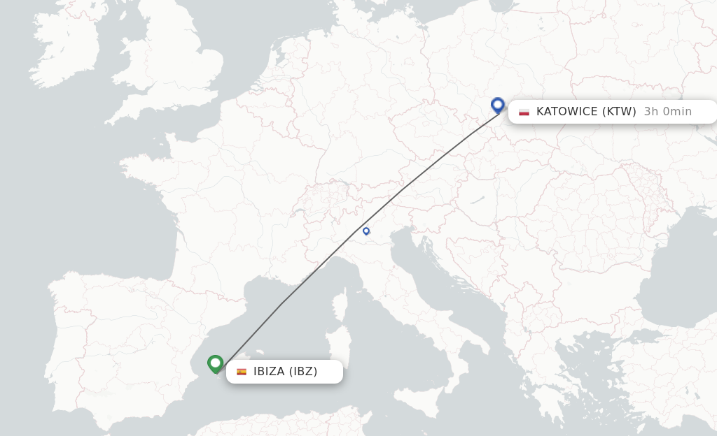 Flights from Ibiza to Katowice route map