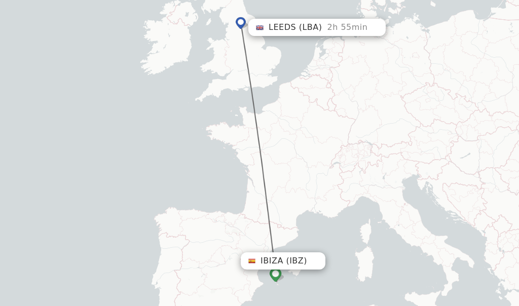 Flights from Ibiza to Leeds route map
