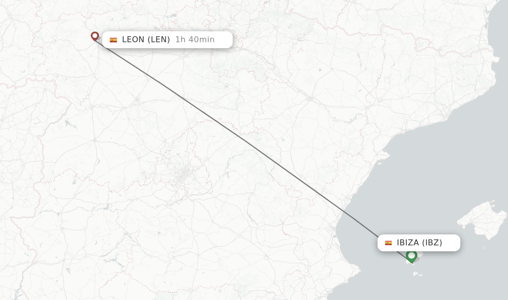 Flights from Ibiza to Leon route map