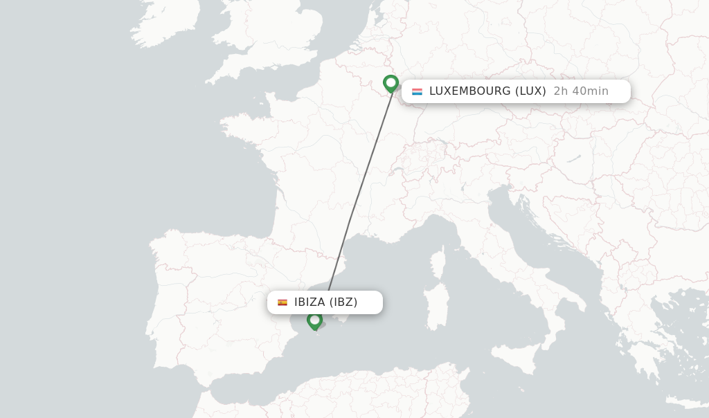 Flights from Ibiza to Luxembourg route map