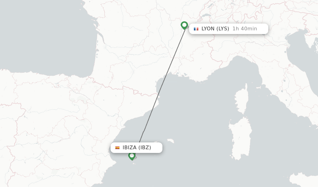 Flights from Ibiza to Lyon route map
