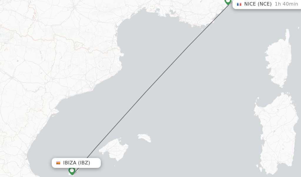 Flights from Ibiza to Nice route map