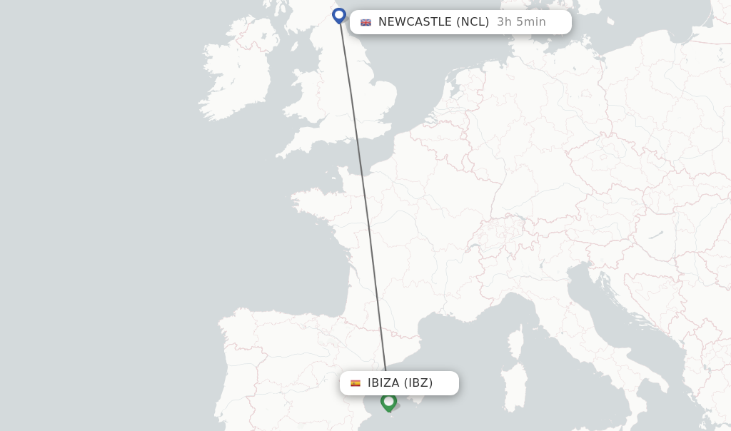 Flights from Ibiza to Newcastle route map
