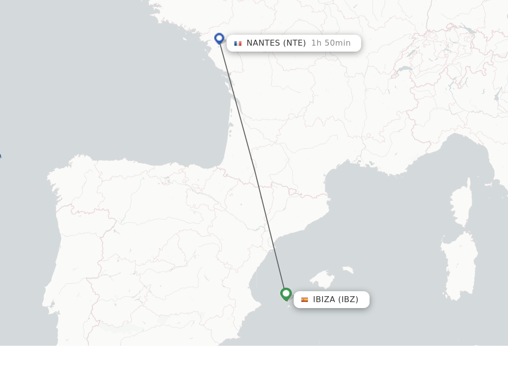 Flights from Ibiza to Nantes route map